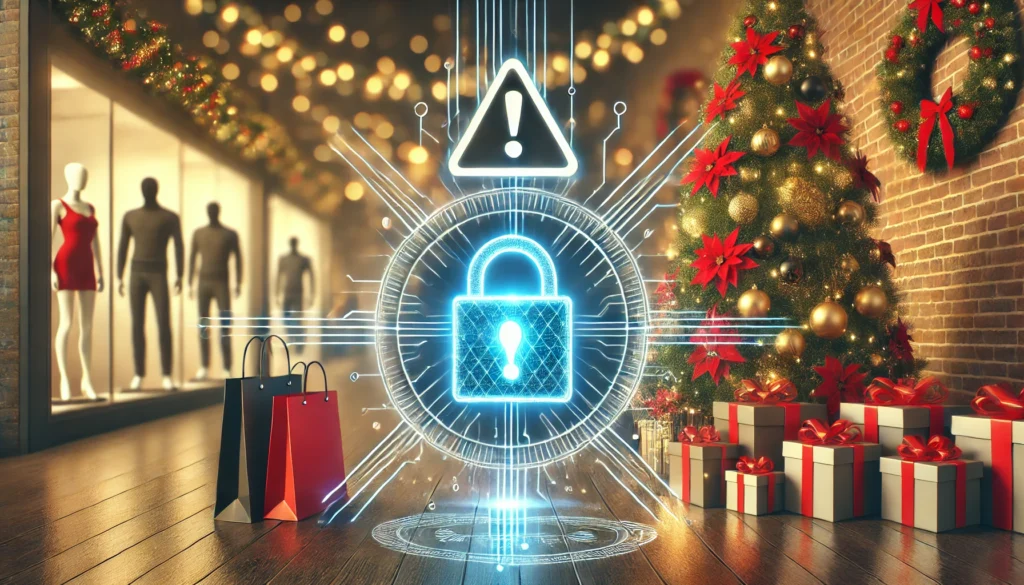 Images features Christmas shopping scene with alert warning of cyber security risks